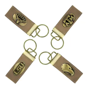 Collegiate Leather Key Fob. Crazyhorse Full Grain Leather With Antique Brass Logo. Texas Longhorns, TAM Aggies, Georgia Southern, LSU Tigers