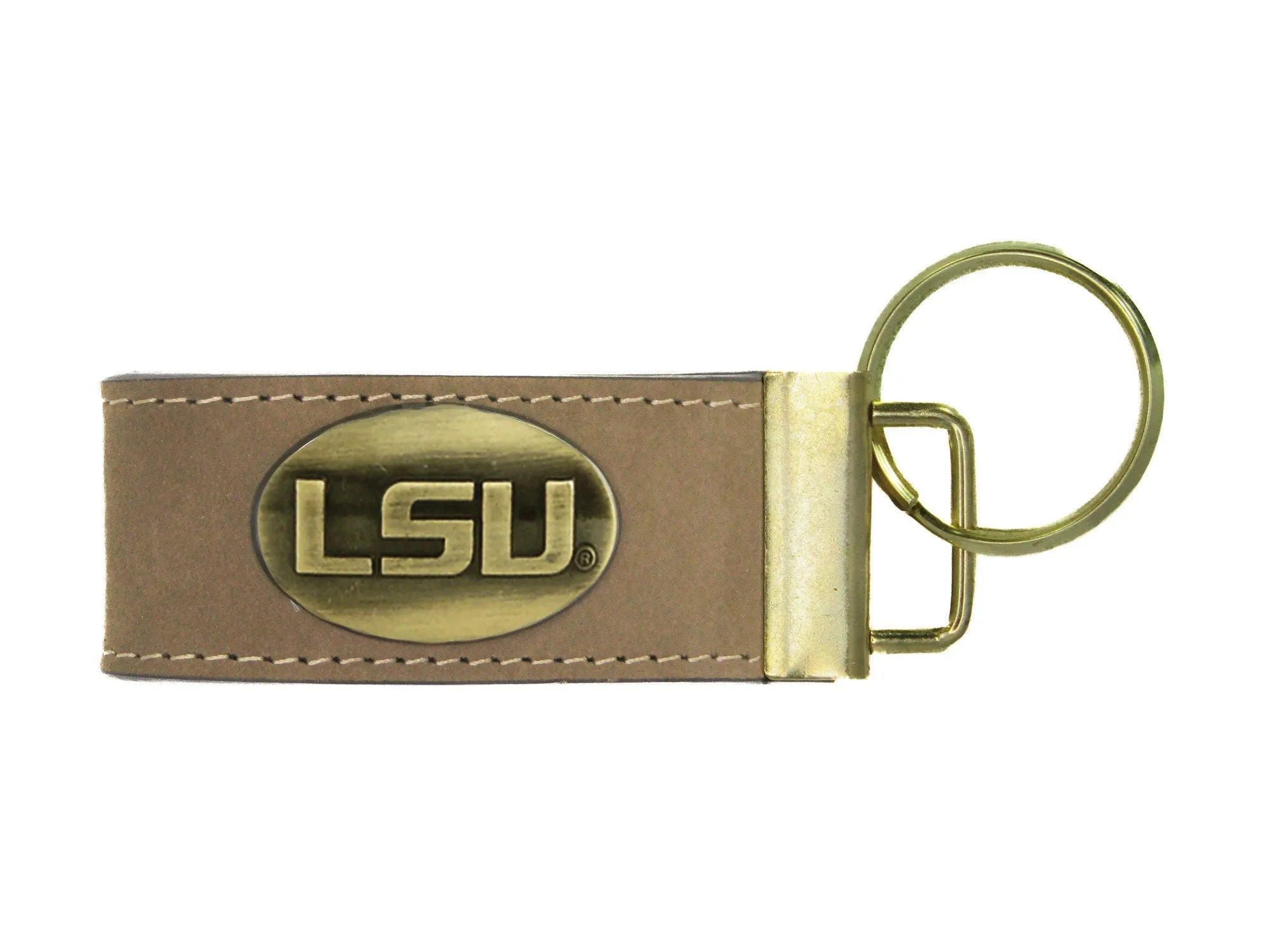 Collegiate Leather Key Fob. Crazyhorse Full Grain Leather With Antique Brass Logo. Texas Longhorns, TAM Aggies, Georgia Southern, LSU Tigers