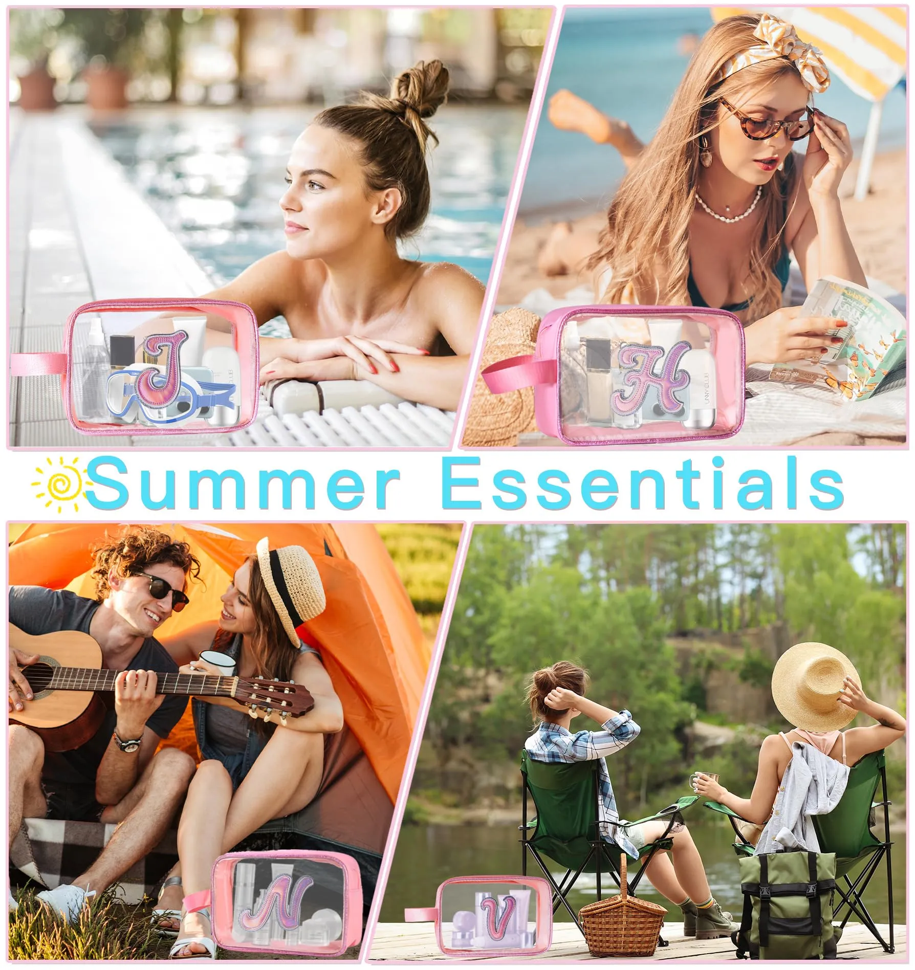 COSHAYSOO Clear Makeup Bag Preppy Initial Letter Cosmetic Toiletry Sunscreen Pouch Travel Essential Accessories Gifts for Women Girls Summer Camp Vacation Beach Pool Lake Hiking Road Trip Pink O