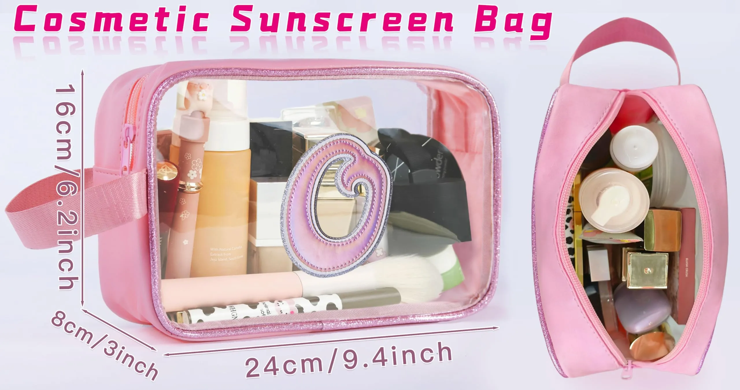 COSHAYSOO Clear Makeup Bag Preppy Initial Letter Cosmetic Toiletry Sunscreen Pouch Travel Essential Accessories Gifts for Women Girls Summer Camp Vacation Beach Pool Lake Hiking Road Trip Pink O