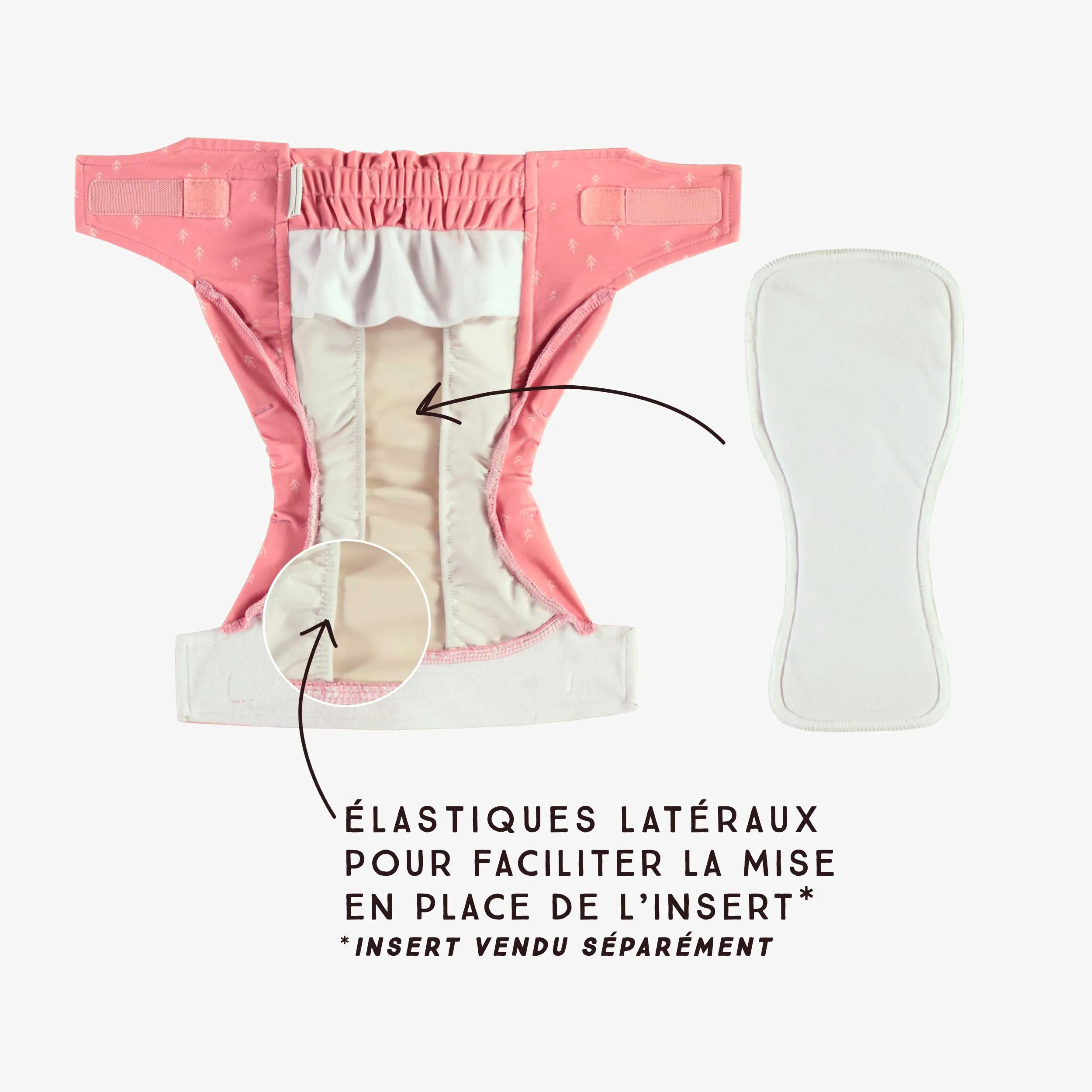 Couche réutilisable ultramince rose à motif de flèches, bébé || Ultra-thin pink reusable diaper with arrow all over print, baby