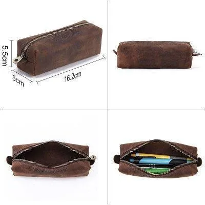 Cowhide Leather Zipper Pencil Pouches