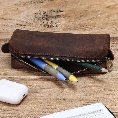 Cowhide Leather Zipper Pencil Pouches