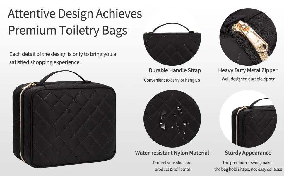 CUBETASTIC Hanging Travel Toiletry Bag, Portable Makeup Organizer for Women Men, 3 Compartment Cute Cosmetic Case Water-resistant Small Travel Bag for Toiletries, Black