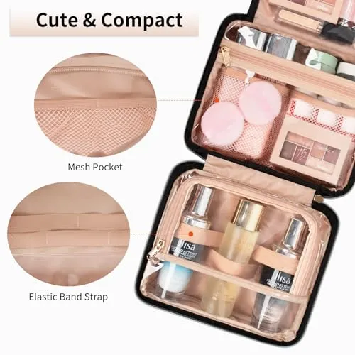 CUBETASTIC Hanging Travel Toiletry Bag, Portable Makeup Organizer for Women Men, 3 Compartment Cute Cosmetic Case Water-resistant Small Travel Bag for Toiletries, Black