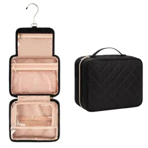 CUBETASTIC Hanging Travel Toiletry Bag, Portable Makeup Organizer for Women Men, 3 Compartment Cute Cosmetic Case Water-resistant Small Travel Bag for Toiletries, Black