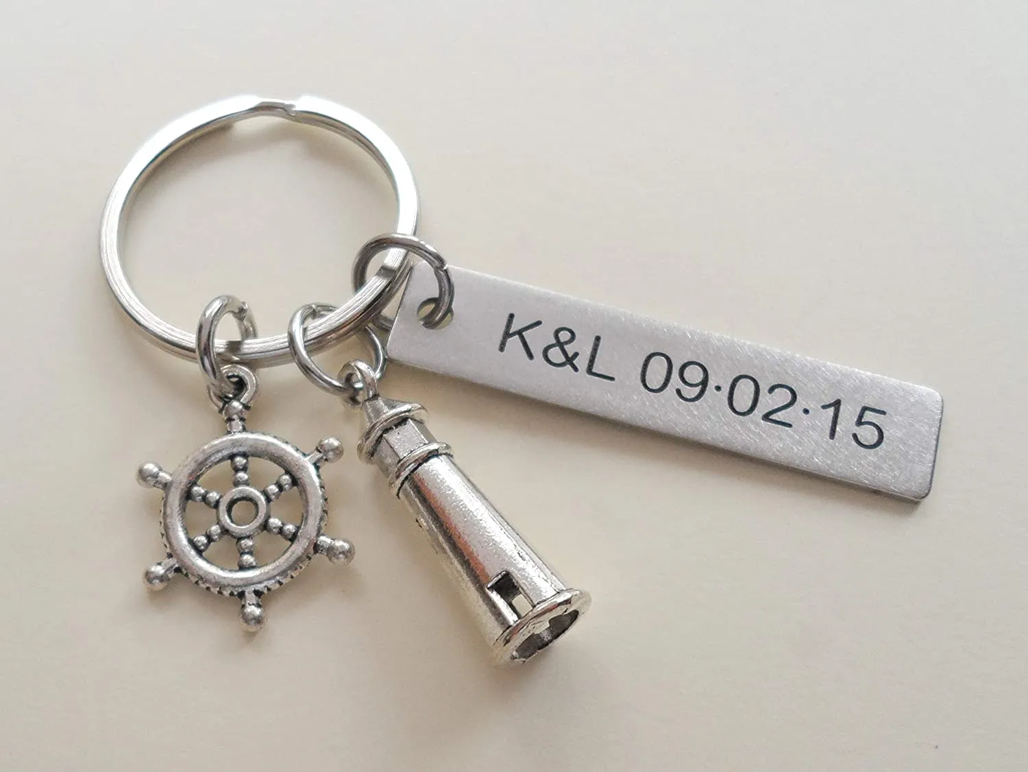 Custom Lighthouse & Ships Helm Keychain with Engraved Steel Tag for Couples or Best Friends, Anniversary Gift Keychain