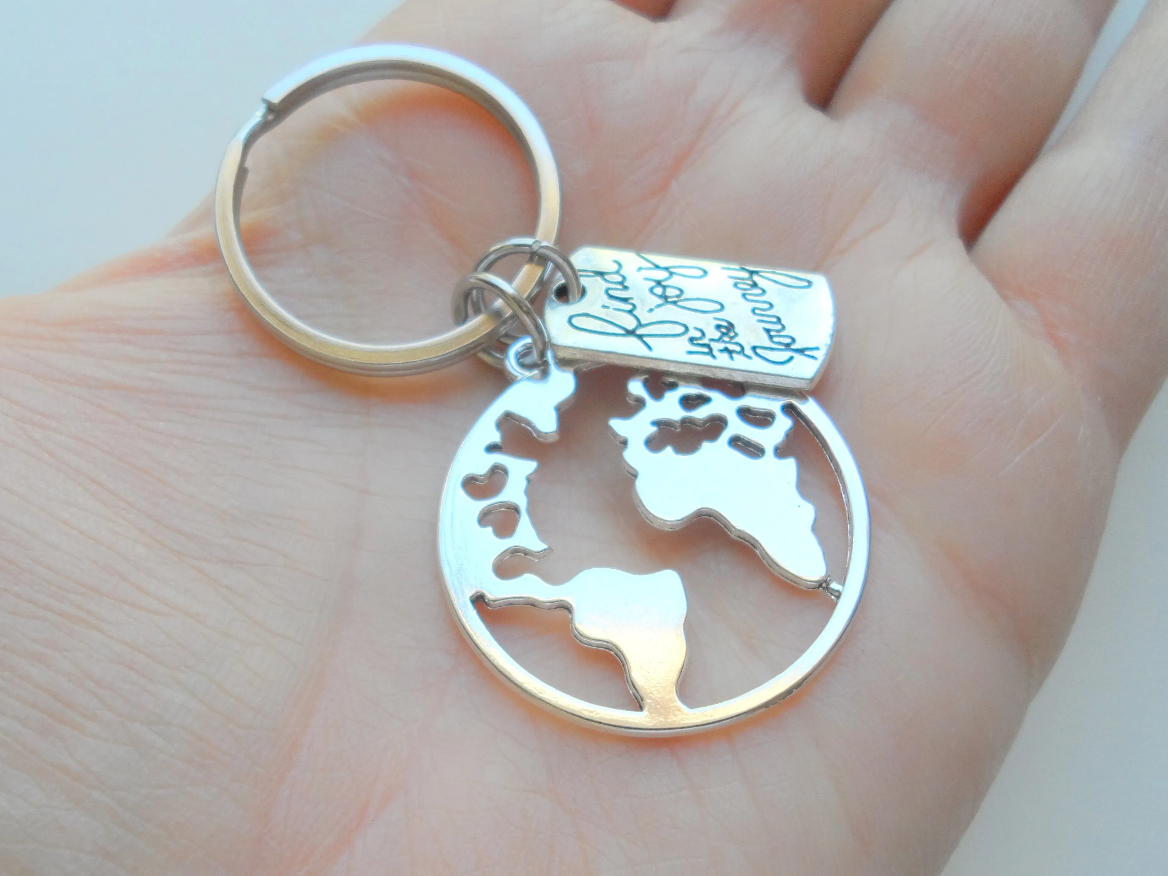 Cutout World Globe Charm Keychain with Find Joy in the Journey Charm