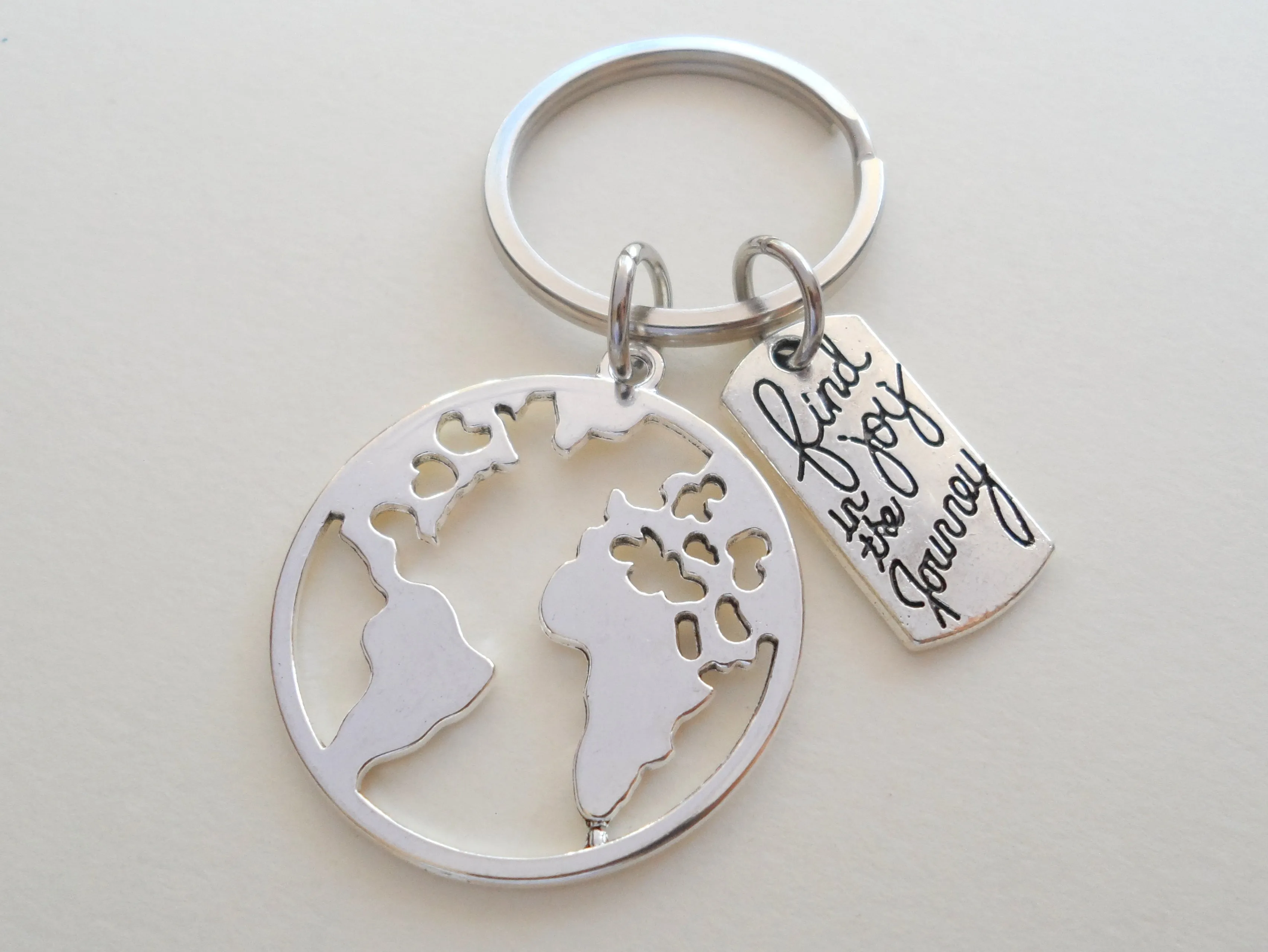 Cutout World Globe Charm Keychain with Find Joy in the Journey Charm