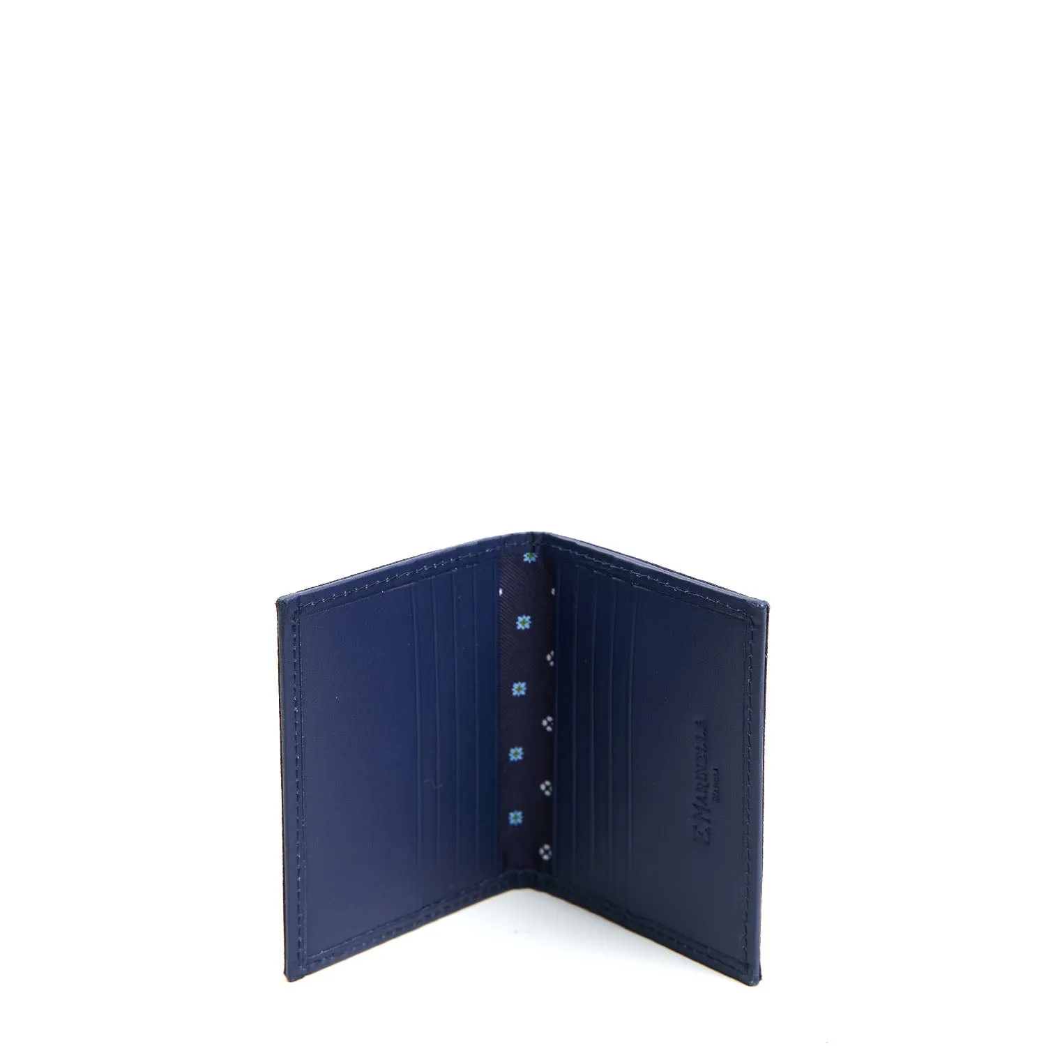 DARK BLUE SILK AND LEATHER FOLDING CARD HOLDER