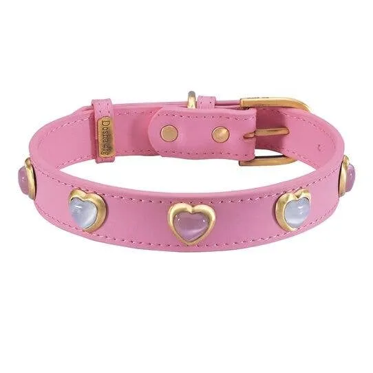 Dosha Dog - Heart Dog Collar/Leash -  Pink, Cat Eye Gemstones
