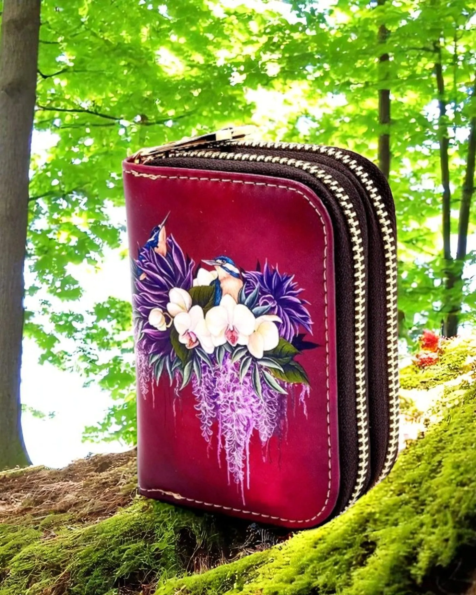 Double Kingfisher Birds & Flowers Card Holder
