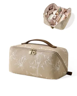 EACHY Travel Makeup Bag,Large Capacity Cosmetic Bags for Women,Waterproof Portable Pouch Open Flat Toiletry Bag Pattern Makeup Bag (F-Brown-Large)