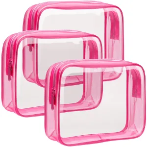 F-color 3 Pack Toiletry Bags for Travel - TSA Approved Clear Quart Size Cosmetic Bag, Matte Rose Red