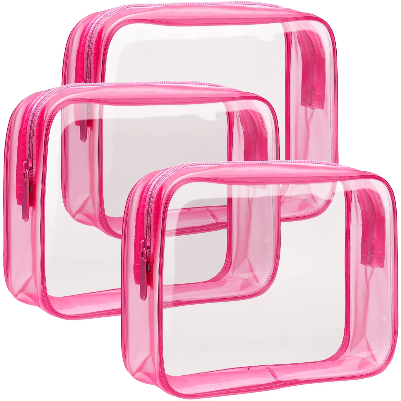 F-color 3 Pack Toiletry Bags for Travel - TSA Approved Clear Quart Size Cosmetic Bag, Matte Rose Red