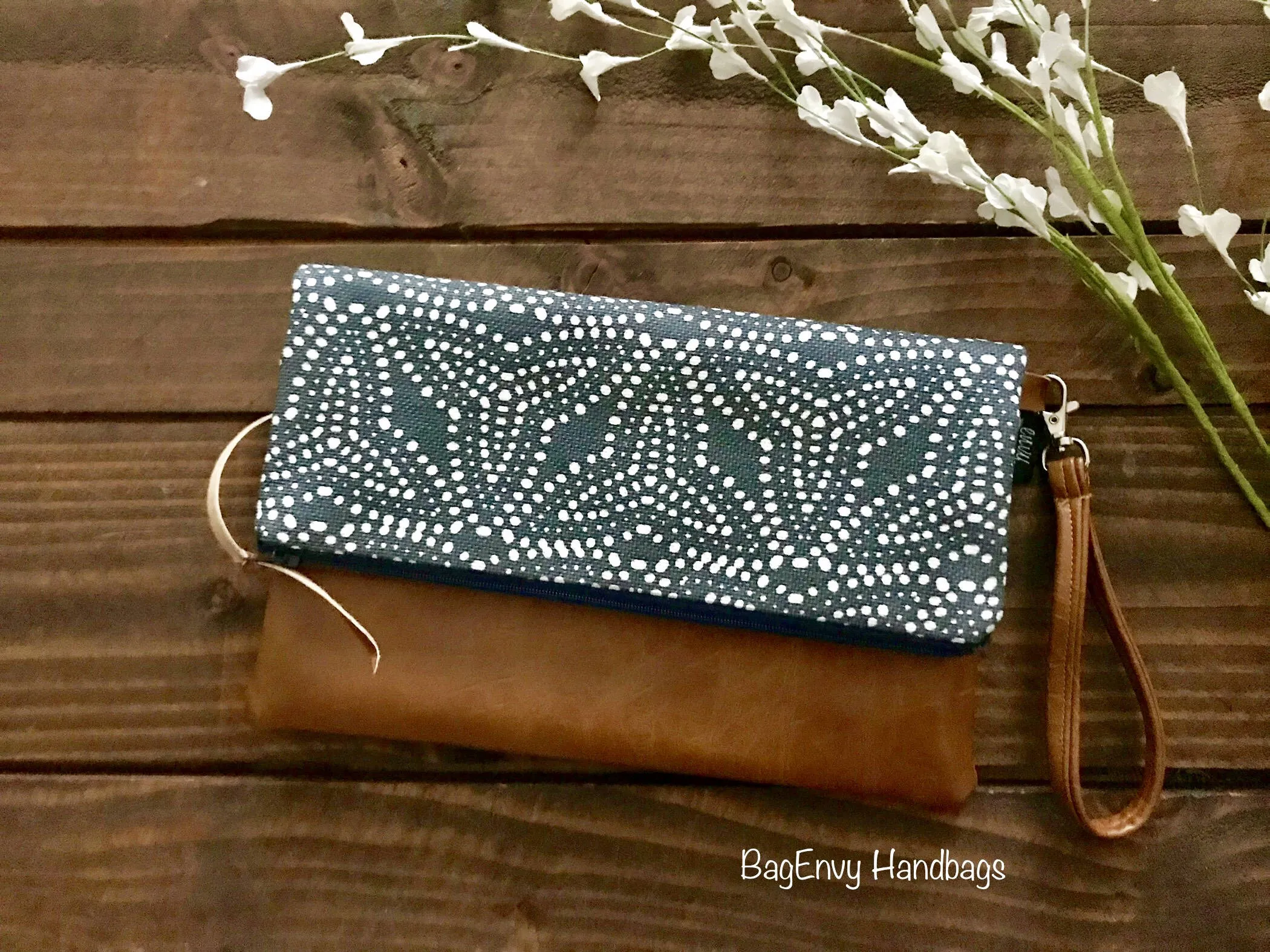 Fold Over Clutch - Galveston Dot with Vegan Leather - Detachable Wristlet