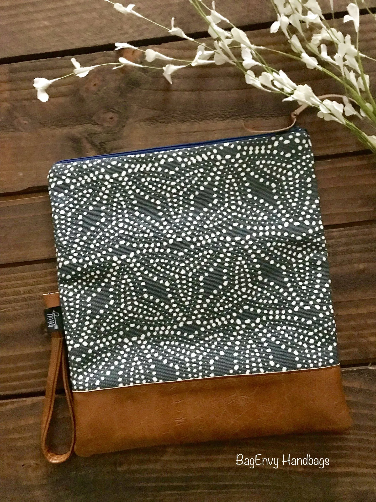 Fold Over Clutch - Galveston Dot with Vegan Leather - Detachable Wristlet