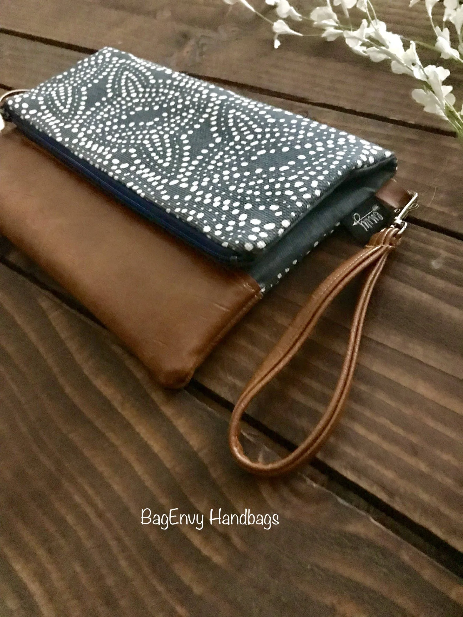 Fold Over Clutch - Galveston Dot with Vegan Leather - Detachable Wristlet