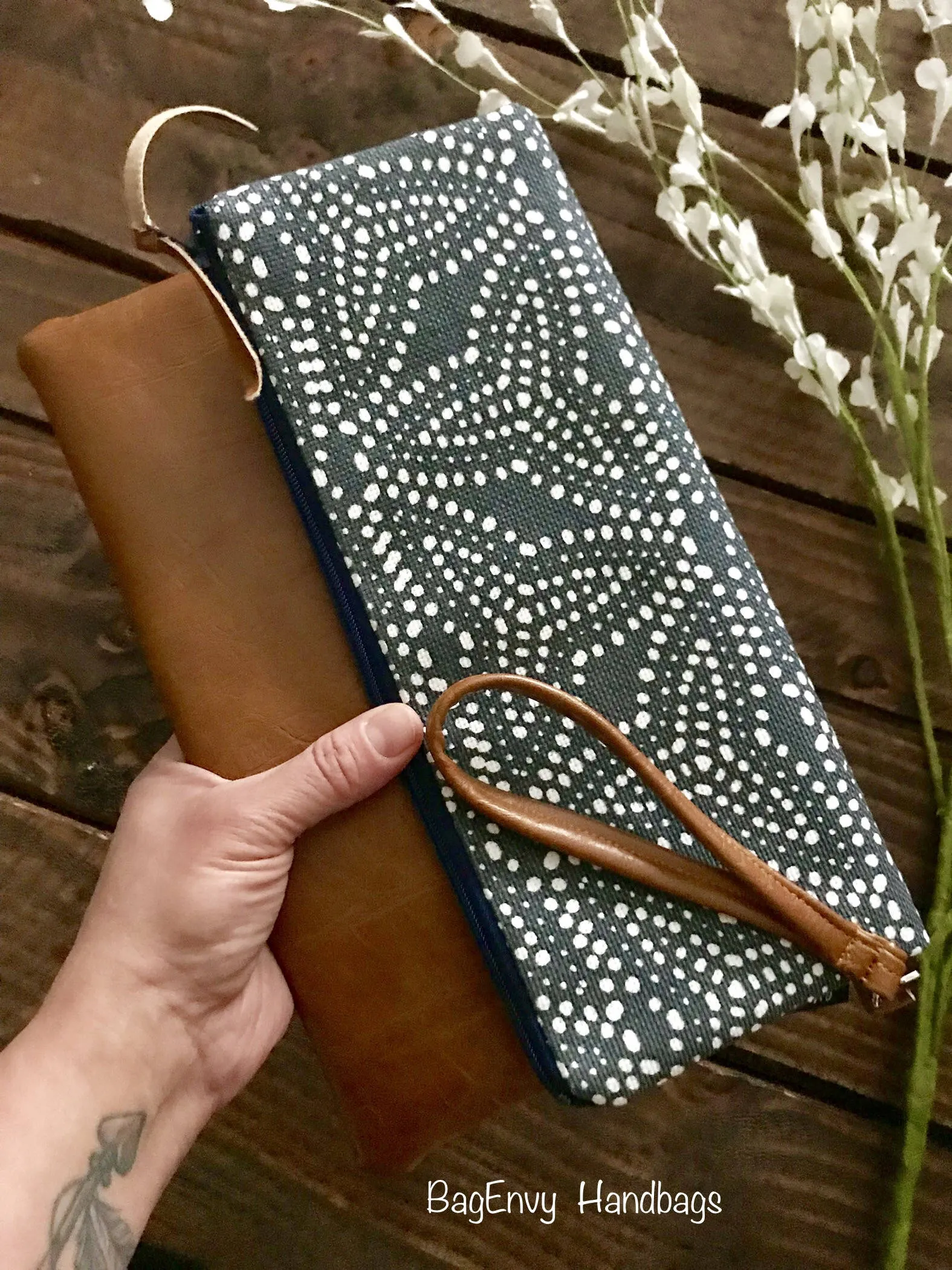 Fold Over Clutch - Galveston Dot with Vegan Leather - Detachable Wristlet