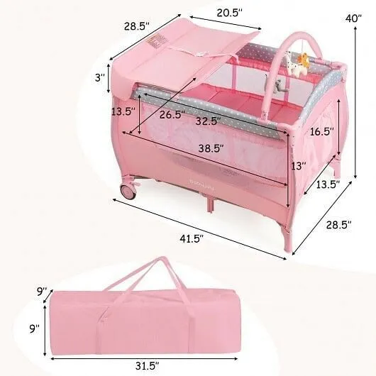 Foldable Safety Baby Playard for Toddler Infant with Changing Station-Pink - Col