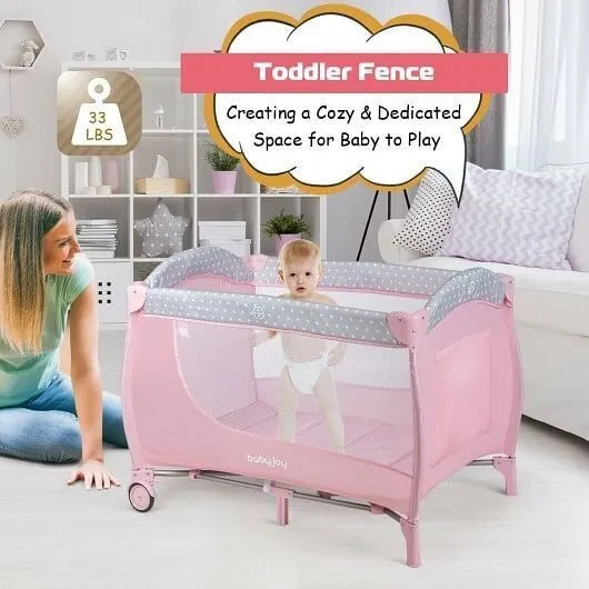 Foldable Safety Baby Playard for Toddler Infant with Changing Station-Pink - Col