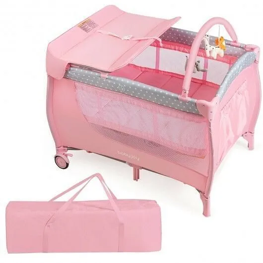 Foldable Safety Baby Playard for Toddler Infant with Changing Station-Pink - Col