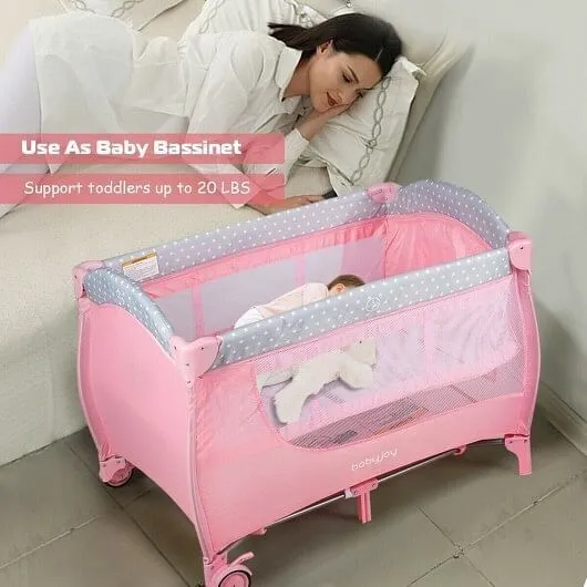 Foldable Safety Baby Playard for Toddler Infant with Changing Station-Pink - Col
