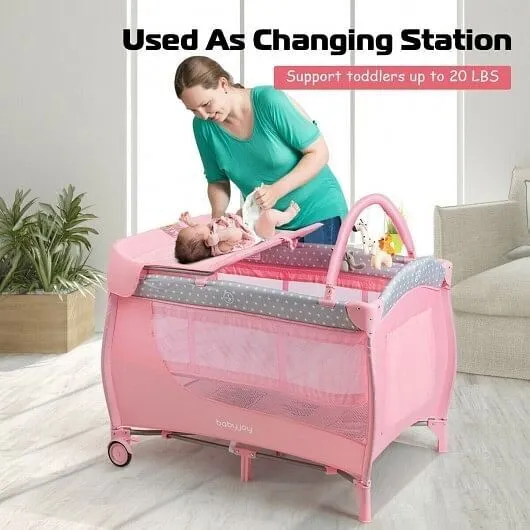 Foldable Safety Baby Playard for Toddler Infant with Changing Station-Pink - Col