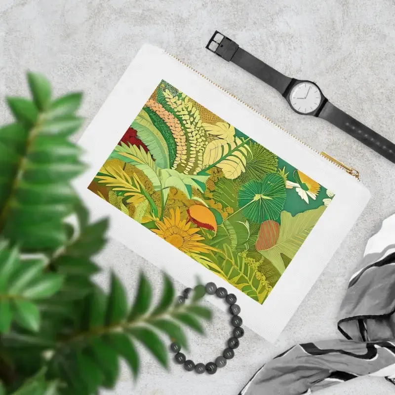 Glam Green Foliage Cosmetic Bag with Gold Color Zipper