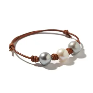 Gray Pearl and Leather Knotted Bracelet