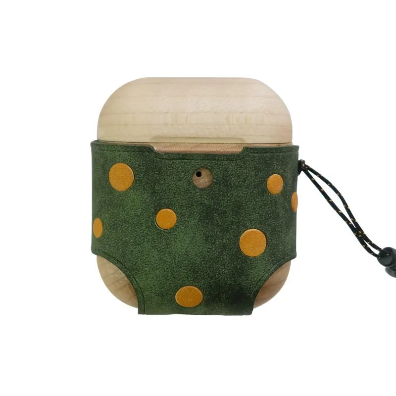 Green Spotted Wood Leather AirPods Pro Case with Strap Leather 1,2 AirPods Case Airpod Case Cover