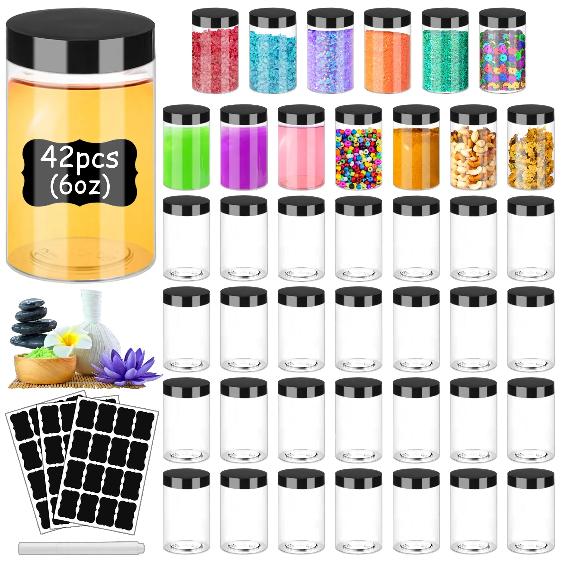 Hajoyful Plastic Jars with Lids 6OZ 42PCS,Small Cosmetic Slime Containers Clear Travel Round Jars Empty Refillable Sample Containers Leak Proof Pot with Black Lids for Lotion, Cream, Body Scrub