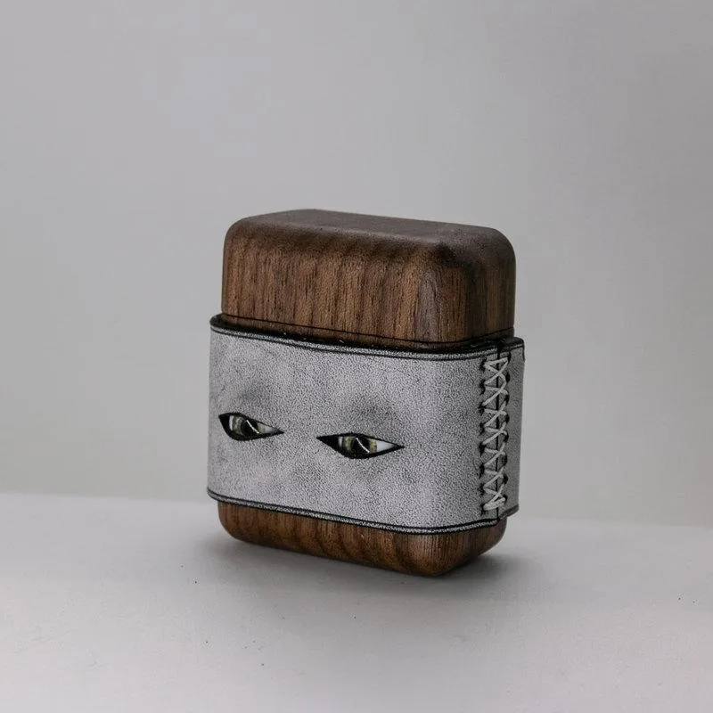 Handmade Black Leather Coffee Wood AirPods Pro Case with Eyes Custom Leather AirPods Pro Case Airpod Case Cover