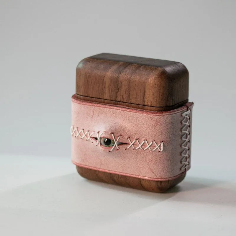 Handmade Pink Leather Wood AirPods Pro Case with Eye Pink Leather AirPods Pro Case Airpod Case Cover