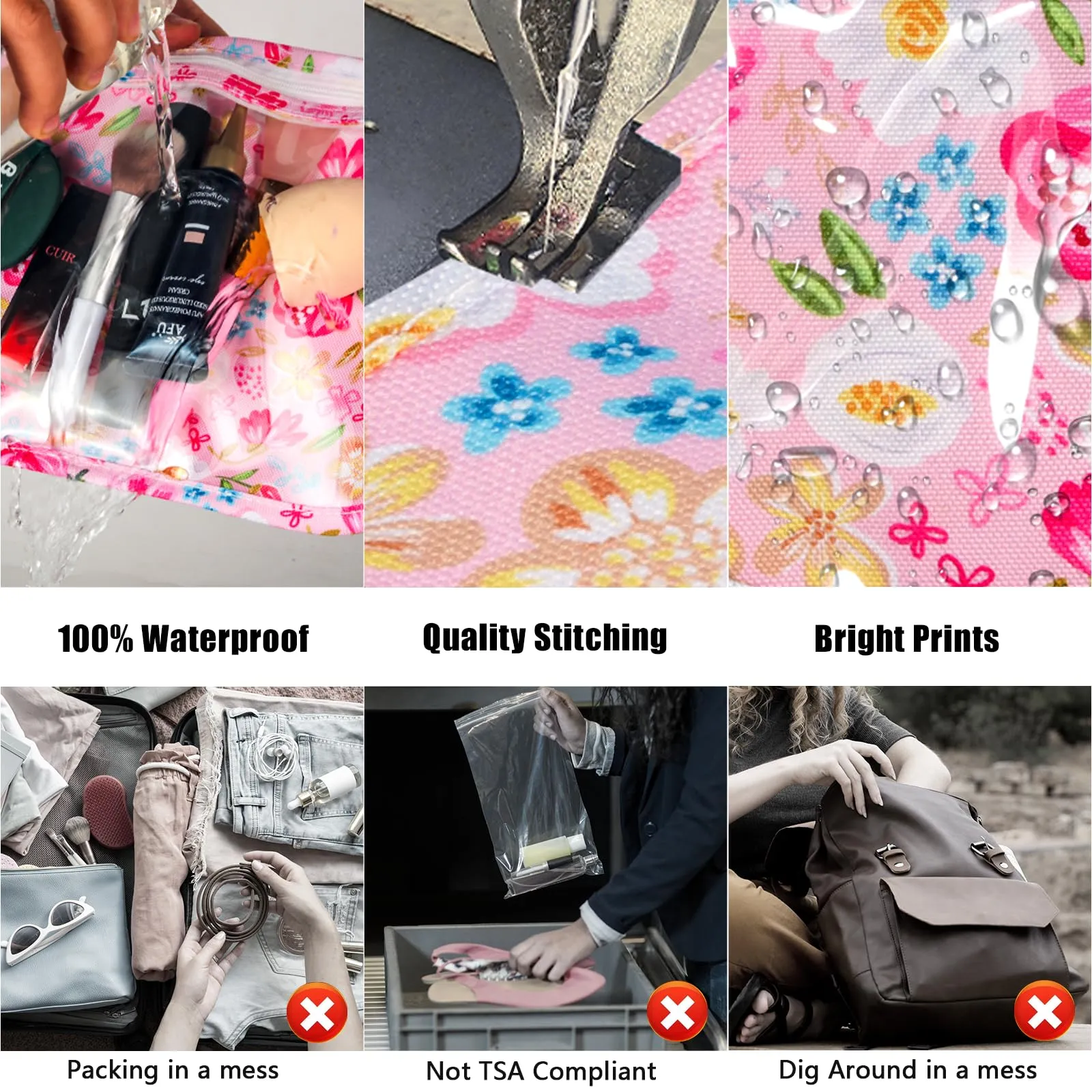 HIONXMGA TSA Approved Toiletry Bag, Set of 3 Clear Travel Toiletry Bag Quart Size Zipper Travel Pouch, Waterproof Makeup Cosmetic Bag for Women Men Kids Toiletries Carry on, Flowers