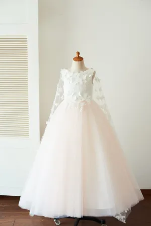 Ivory Lace Pink Tulle Wedding Party Flower Girl Dress, Butterfly Cape