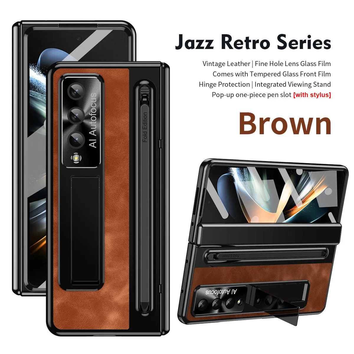 Jazz Retro Style Anyi-fall Protective Leather Phone Case For Samsung Galaxy Fold5 Fold4 With Front Protection Film And Stylus