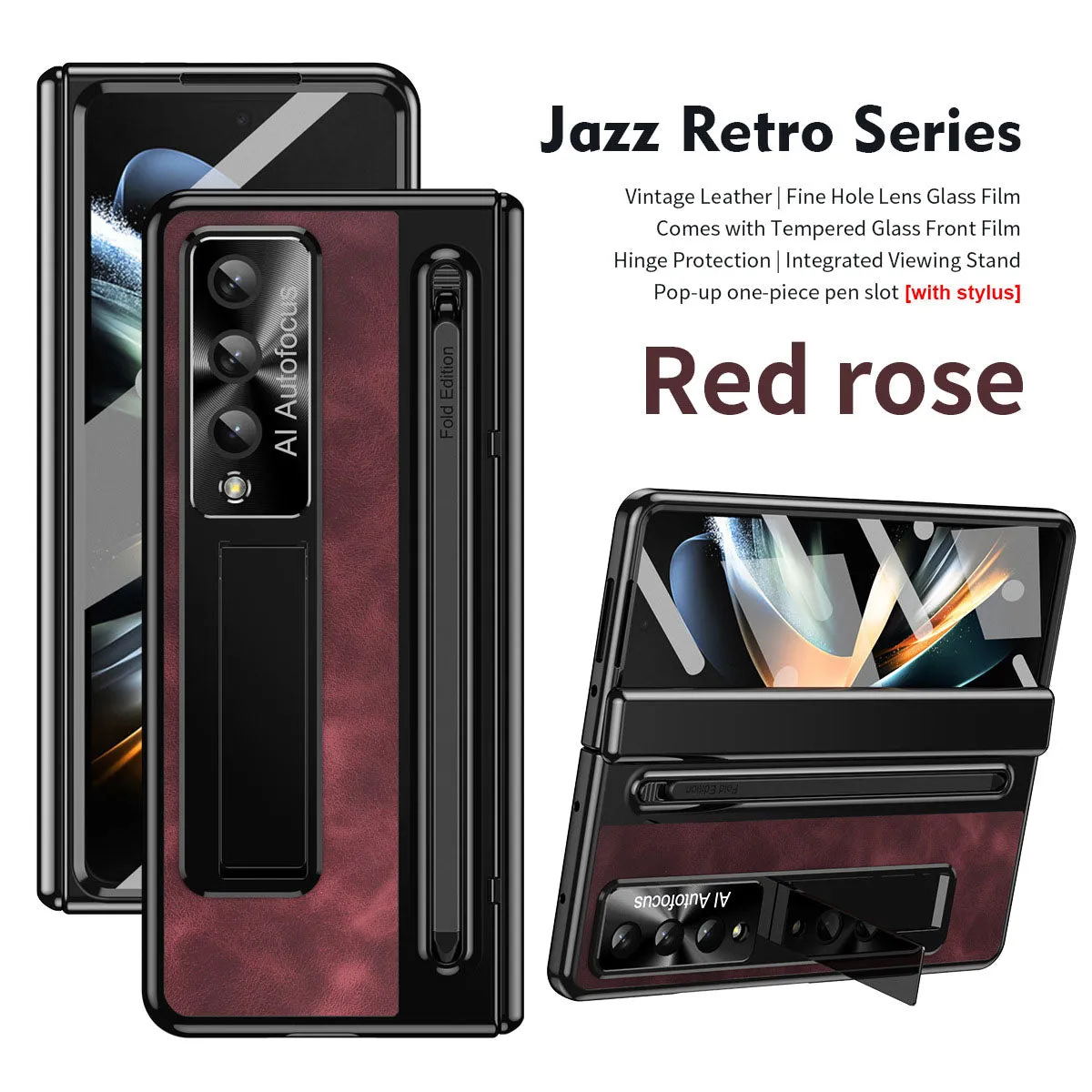 Jazz Retro Style Anyi-fall Protective Leather Phone Case For Samsung Galaxy Fold5 Fold4 With Front Protection Film And Stylus