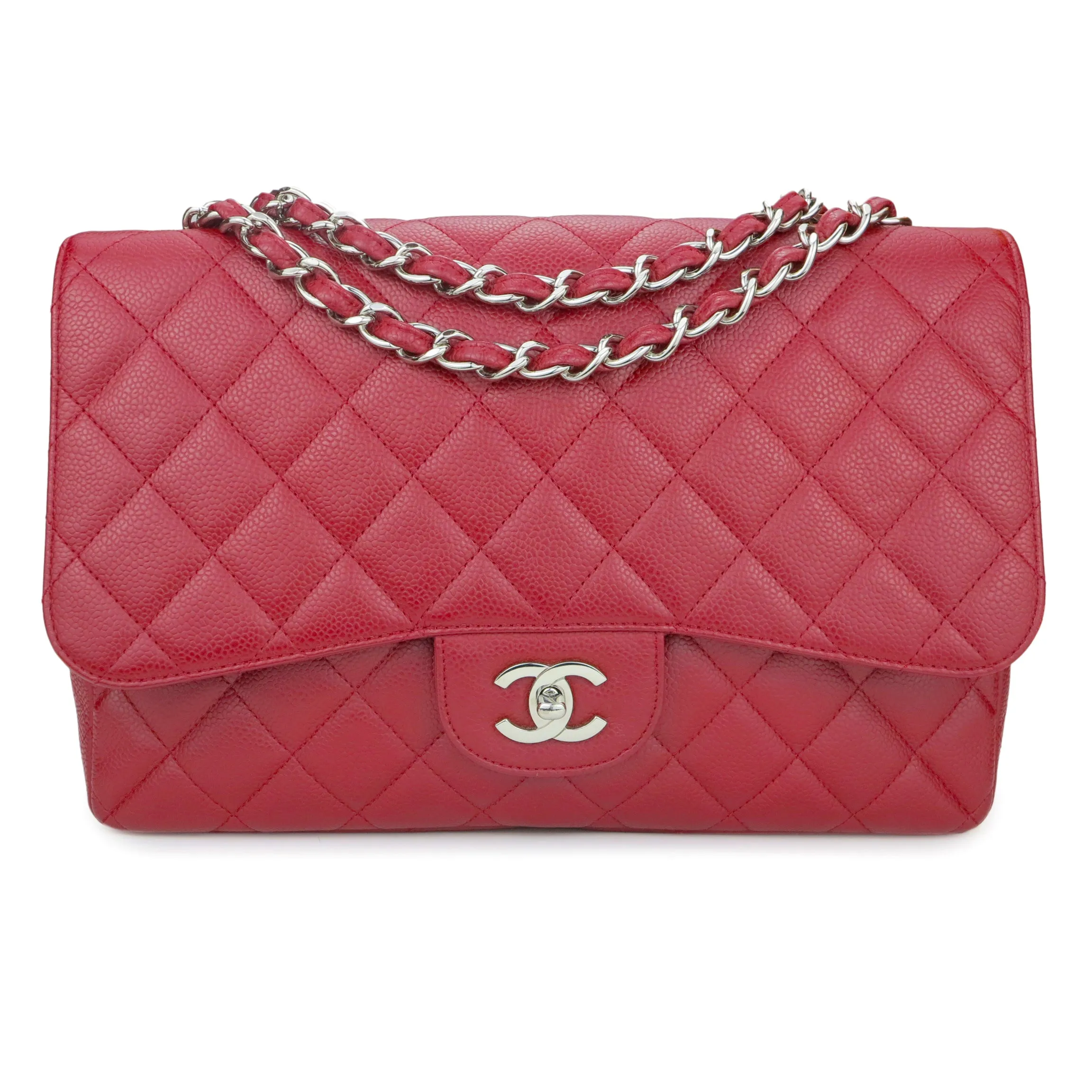 Jumbo Classic Single Flap Bag in Red Caviar