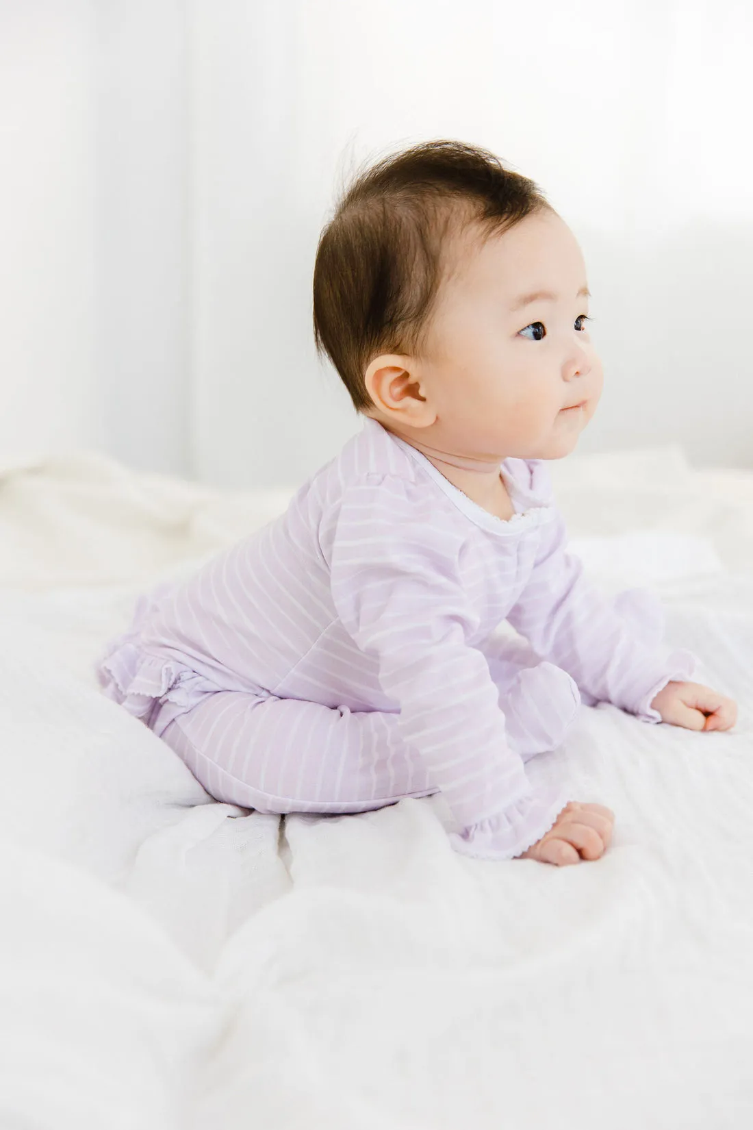 Lavender Bow Lilac Stripe Ruffle Footie