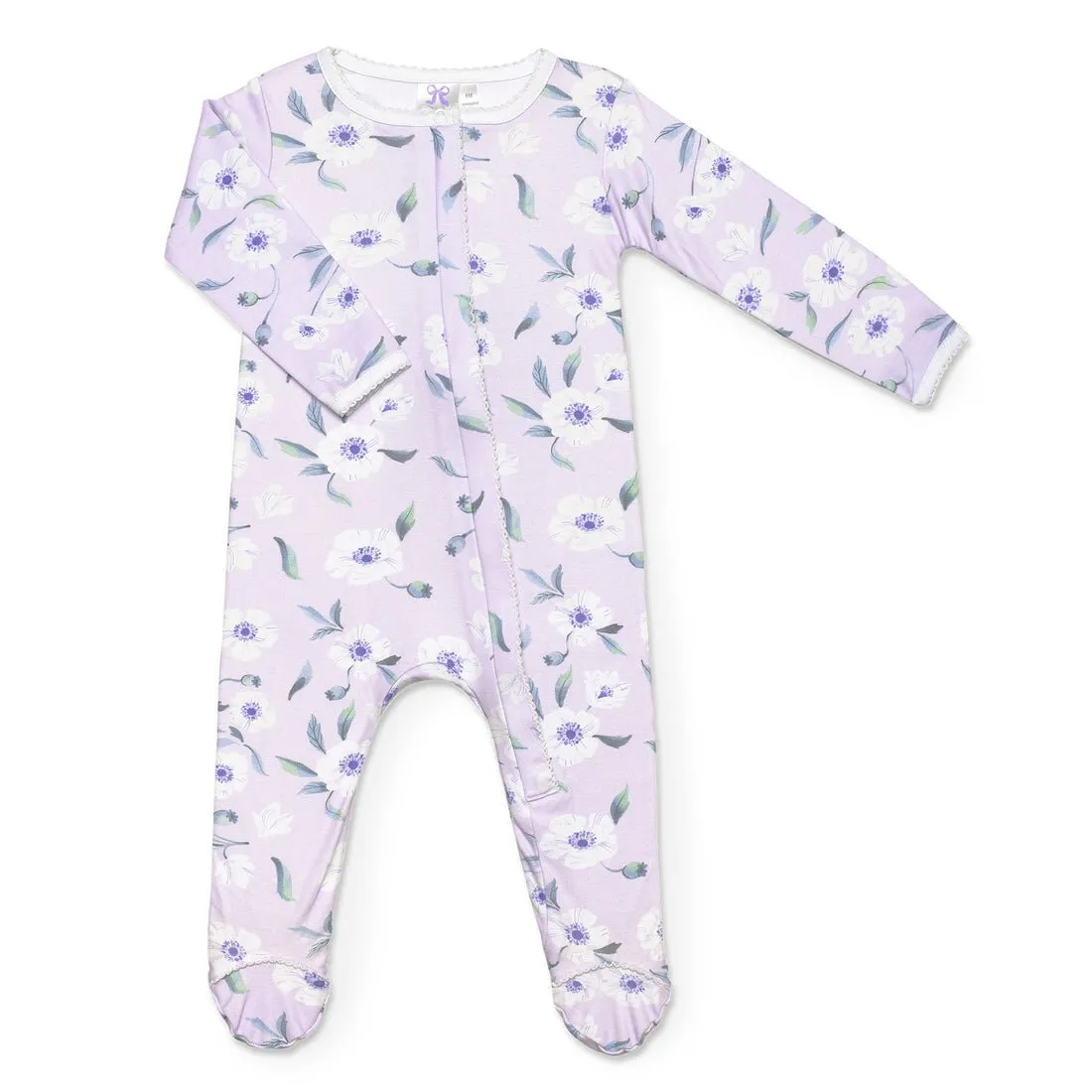 Lavender Bow White Poppy Floral Ruffle Footie
