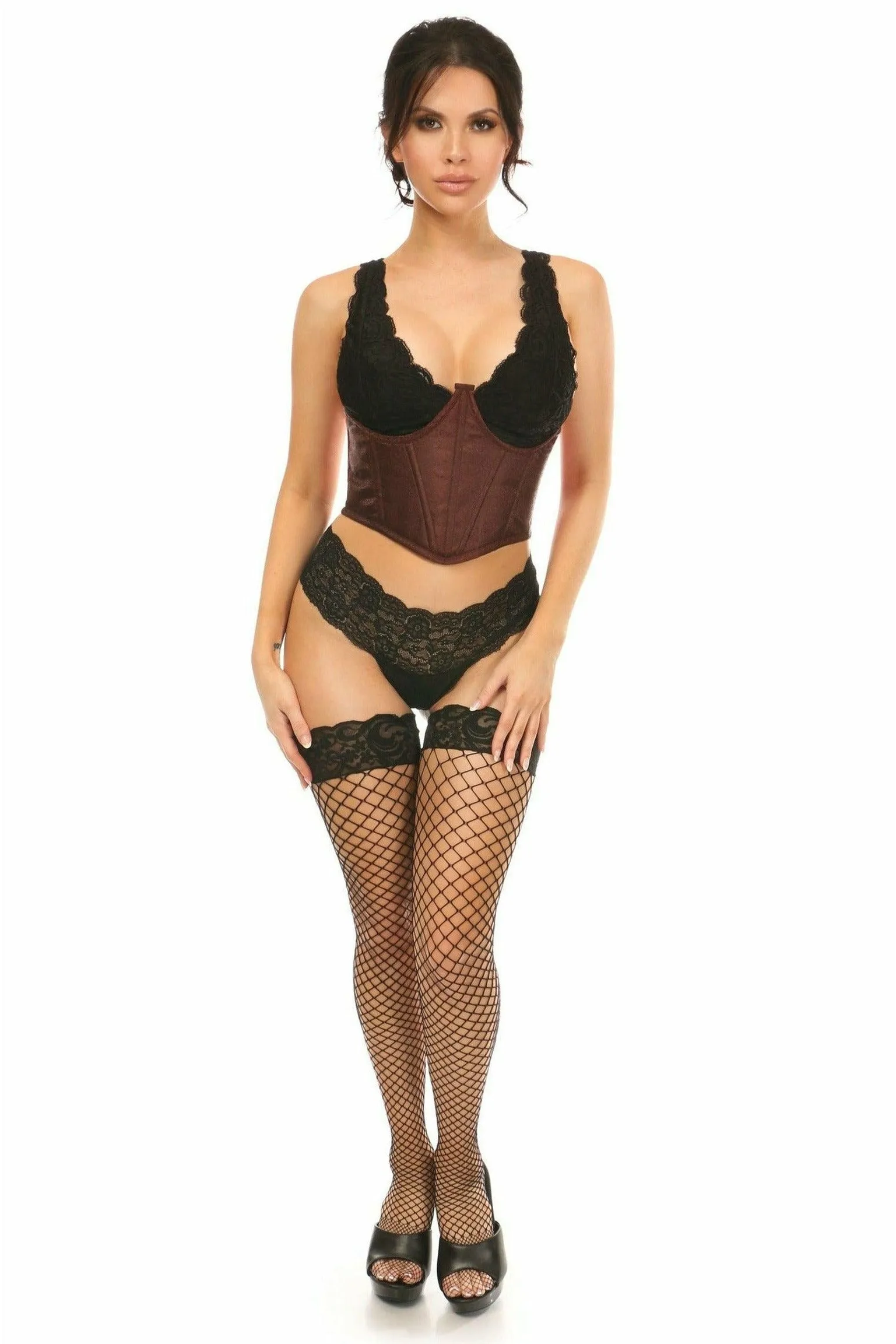 Lavish Dark Brown Brocade Open Cup Waist Cincher