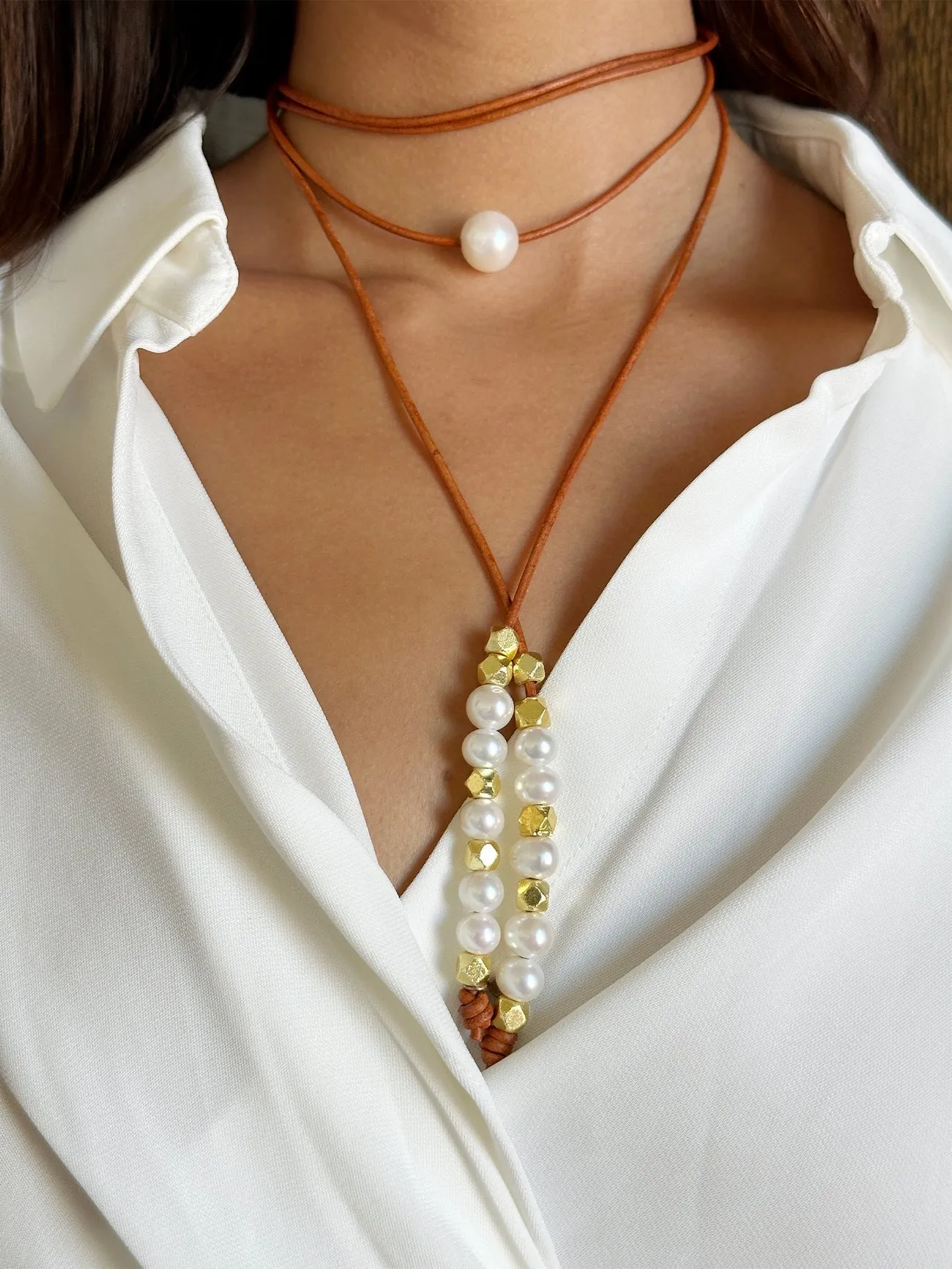 Leather, Pearl, and Nugget Lariat (Multiple Colors)