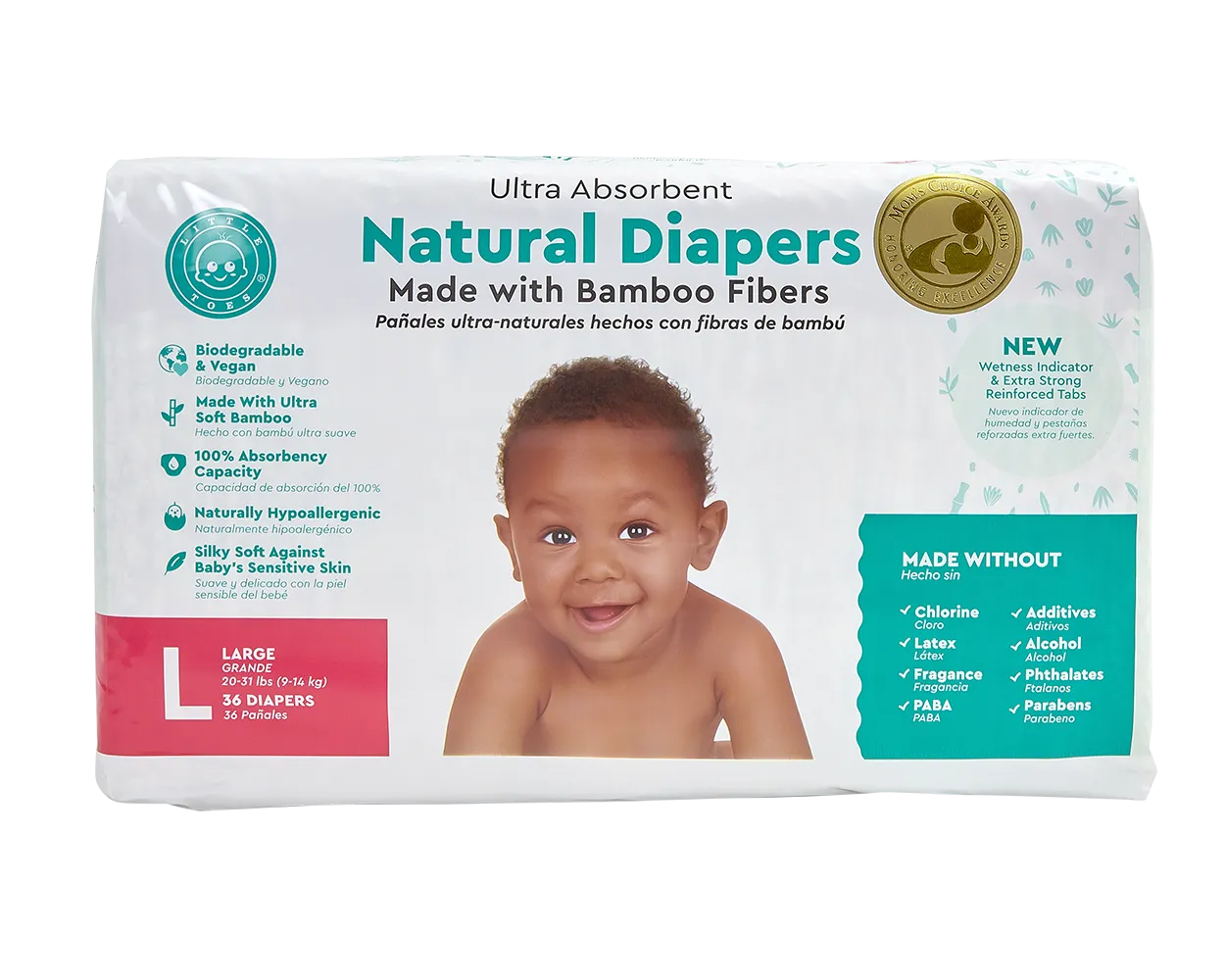 Little Toes Disposable Biodegradable Bamboo Diapers - 36 Pack Size Newborn, Small, Medium and Large