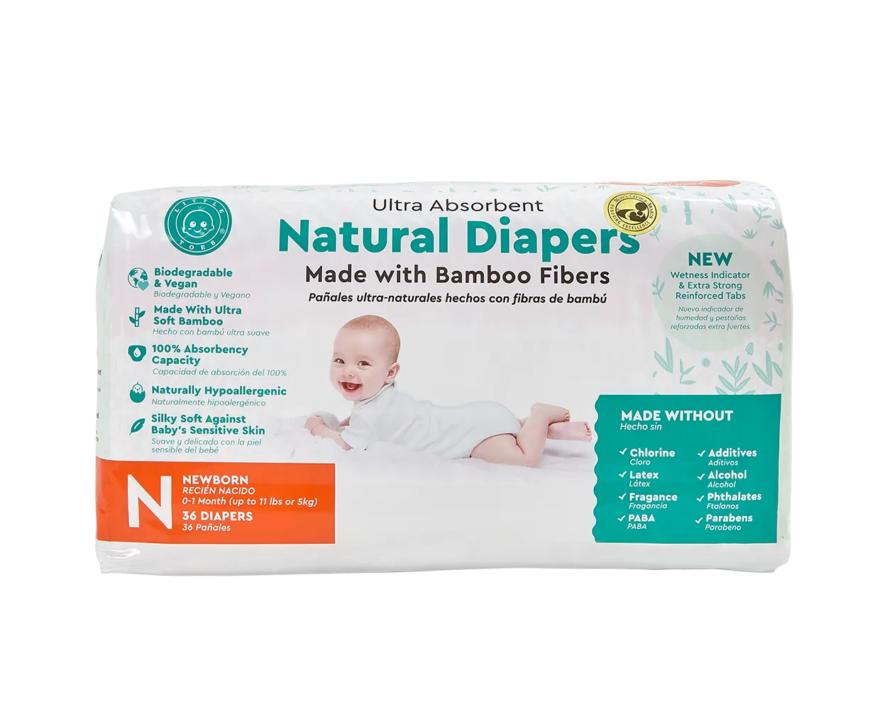 Little Toes Disposable Biodegradable Bamboo Diapers - 36 Pack Size Newborn, Small, Medium and Large