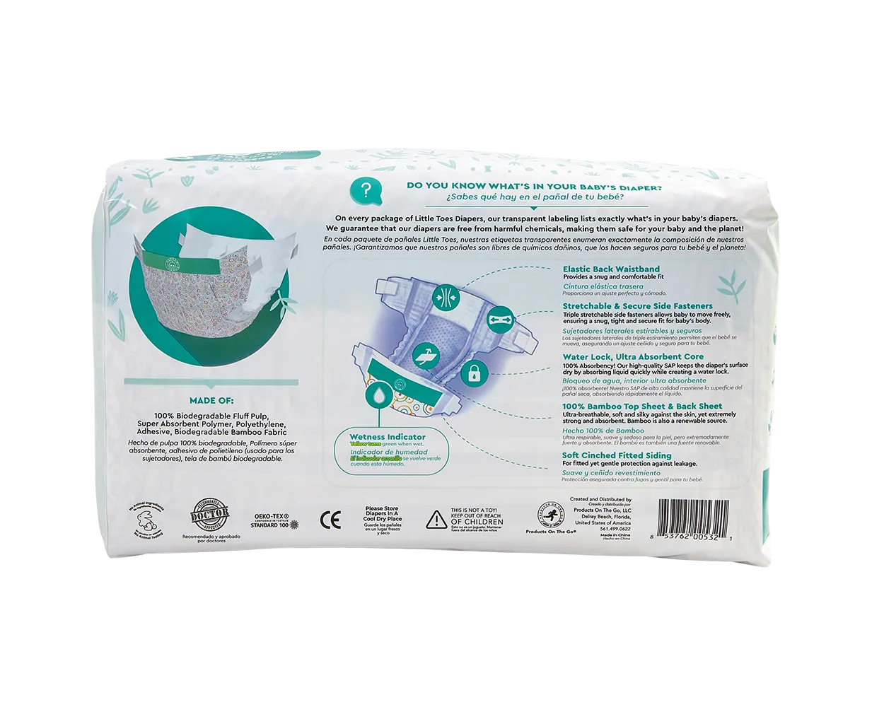 Little Toes Disposable Biodegradable Bamboo Diapers - 36 Pack Size Newborn, Small, Medium and Large