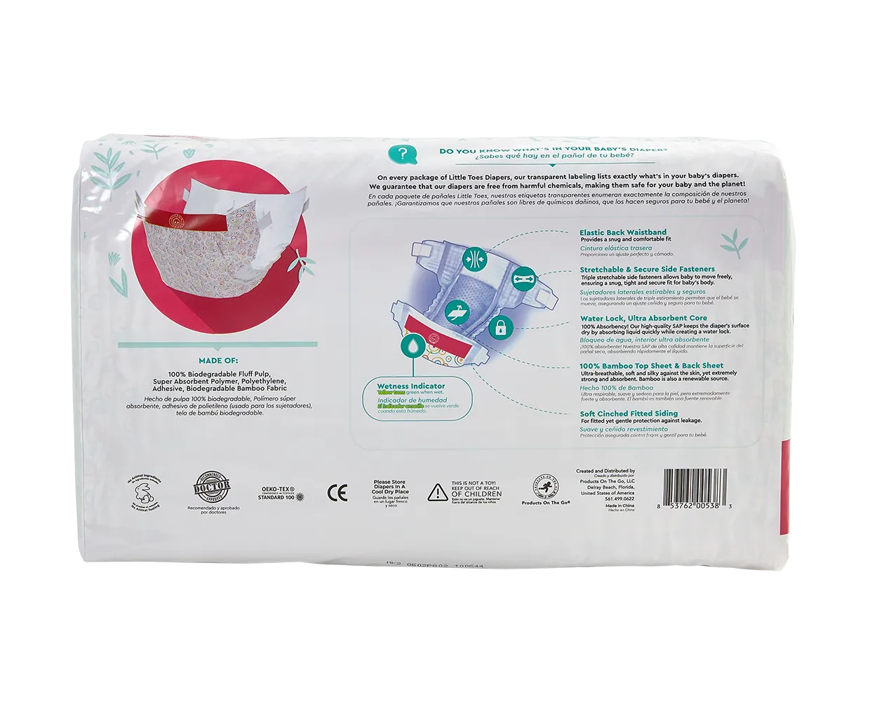 Little Toes Disposable Biodegradable Bamboo Diapers - 36 Pack Size Newborn, Small, Medium and Large