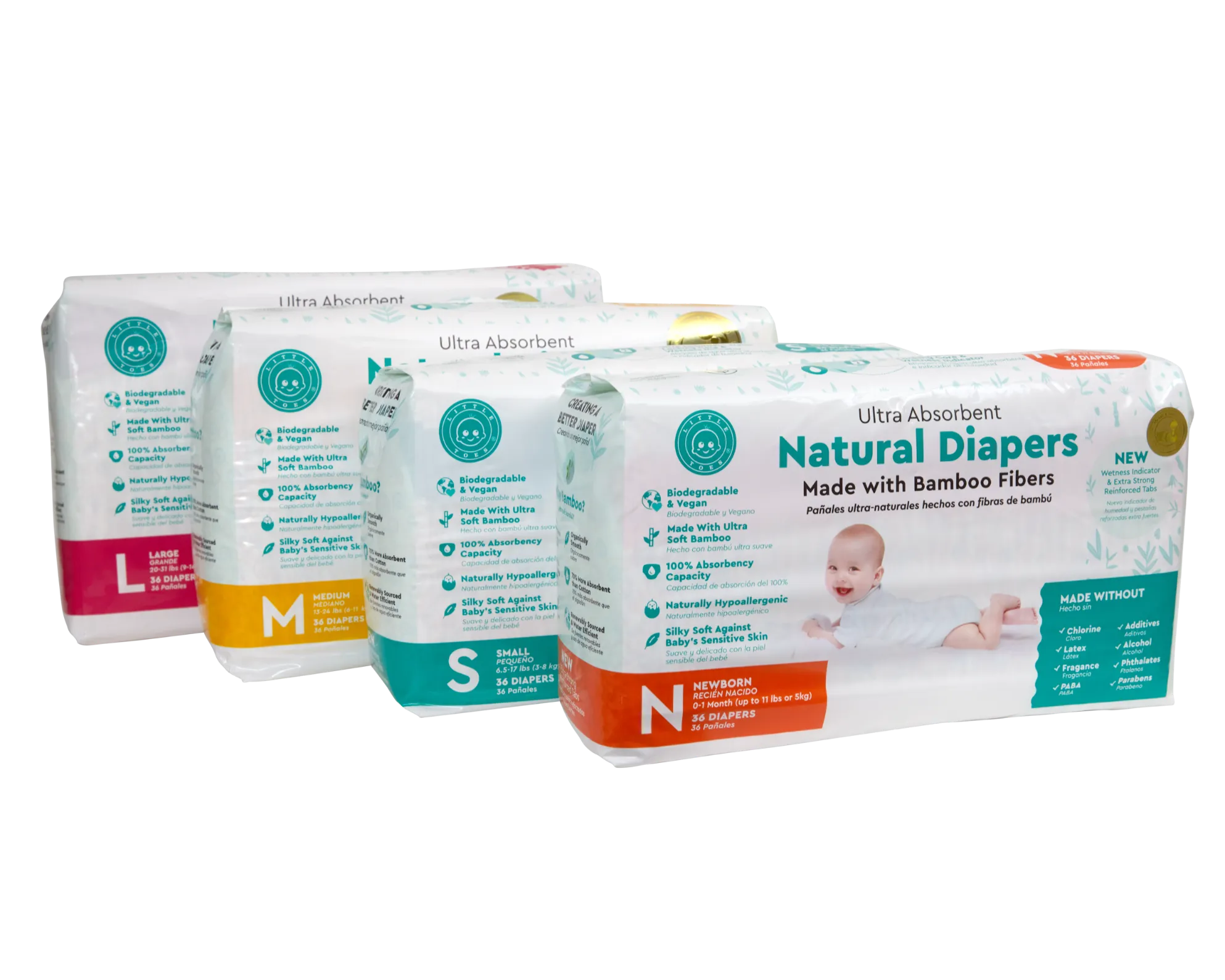 Little Toes Disposable Biodegradable Bamboo Diapers - 36 Pack Size Newborn, Small, Medium and Large
