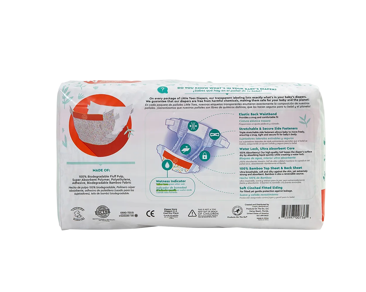 Little Toes Disposable Biodegradable Bamboo Diapers - 36 Pack Size Newborn, Small, Medium and Large