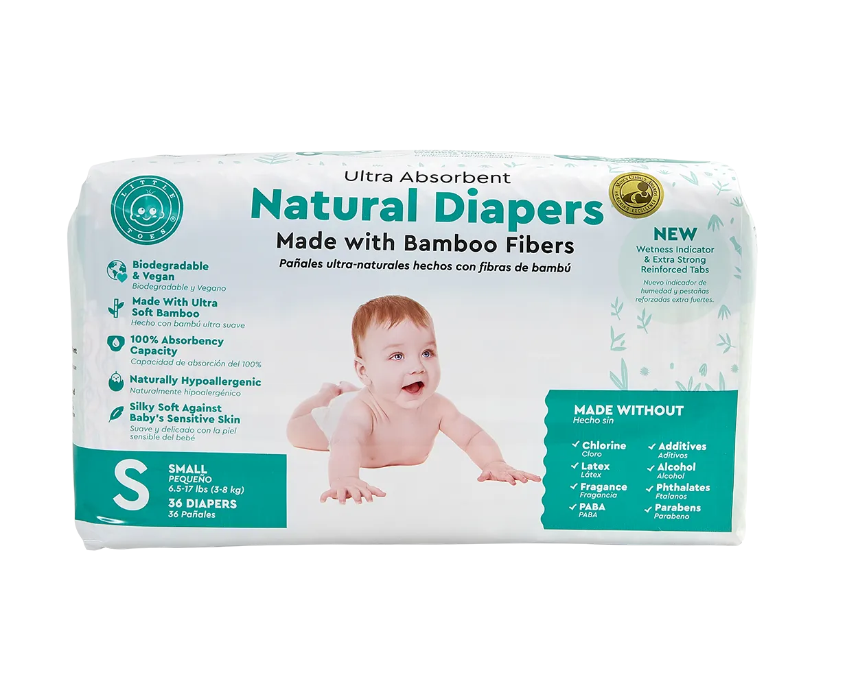 Little Toes Disposable Biodegradable Bamboo Diapers - 36 Pack Size Newborn, Small, Medium and Large